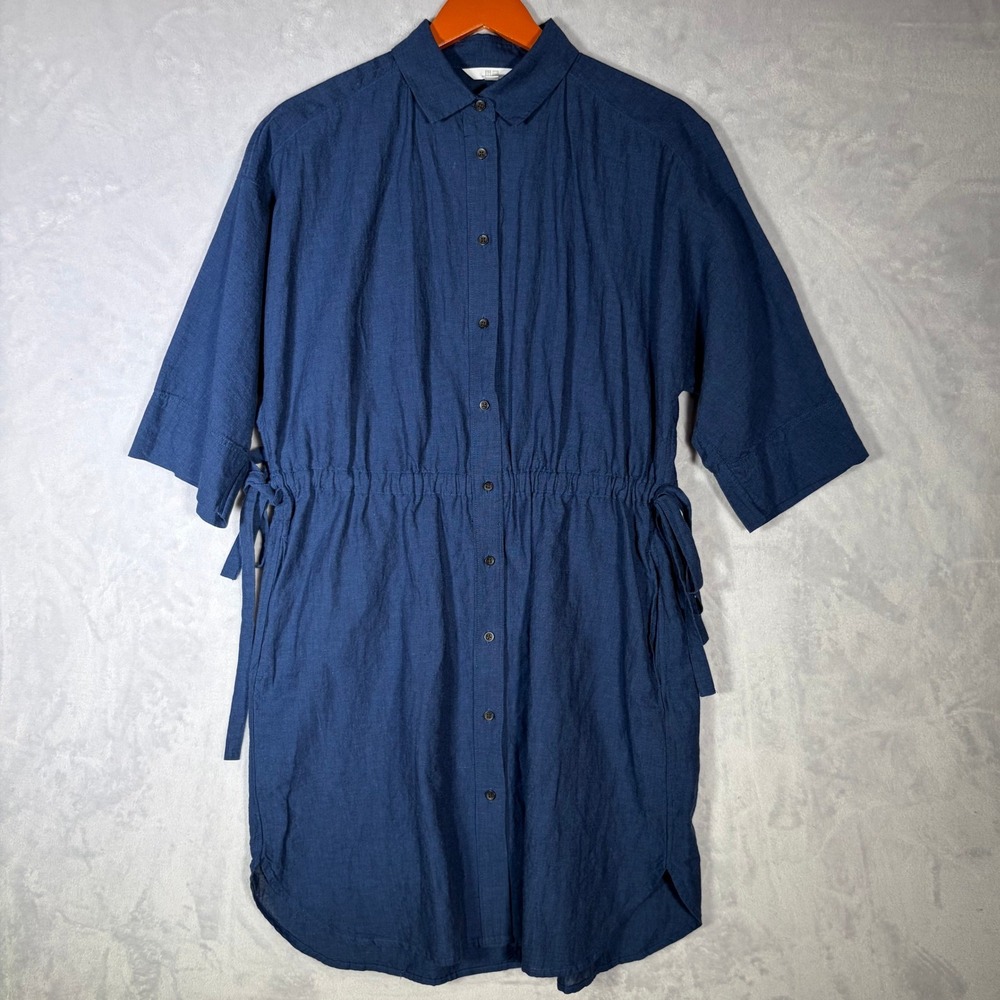 Uniqlo Shirt Dress Womens Small Cotton Linen Blend Navy Blue Drawstring Waist